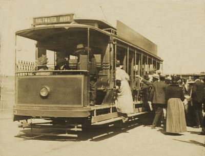 Boarding the Saltwater River tram, pre WWI. Photograph State Library of Victoria.
