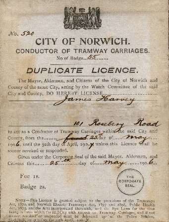 Conductor's licence for James Harvey. From the collection of Richard Adderson.